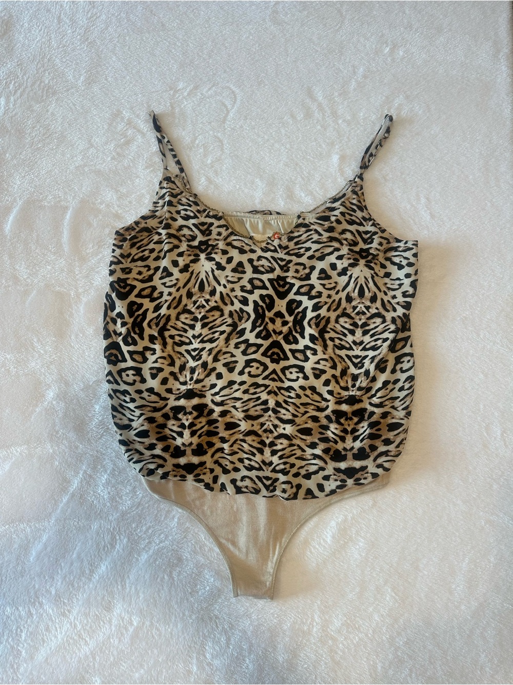 Leopard Print Satin Bodysuit Tank Top - Beige/Black